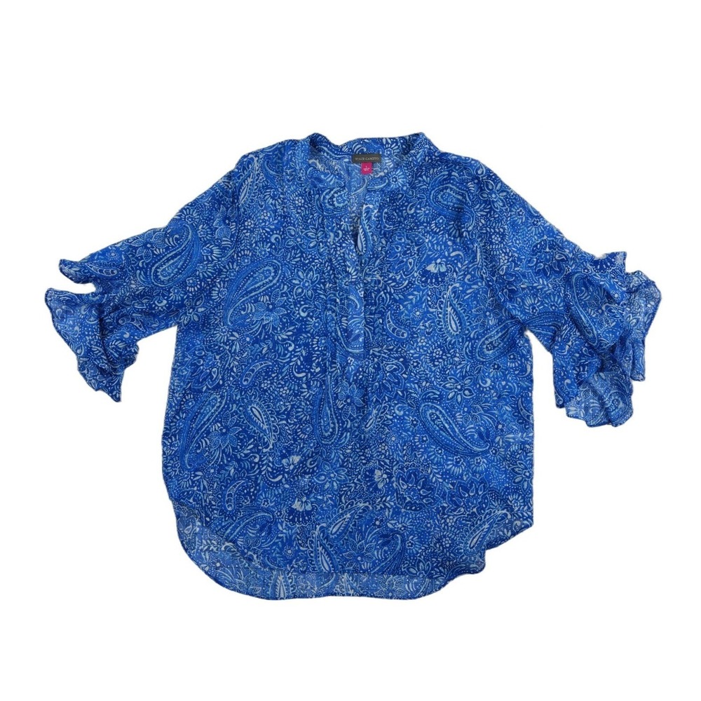 Vince Camuto‎ Blouse Top Women's Size Large Blue Paisley Ruffle Sleeve Metallic